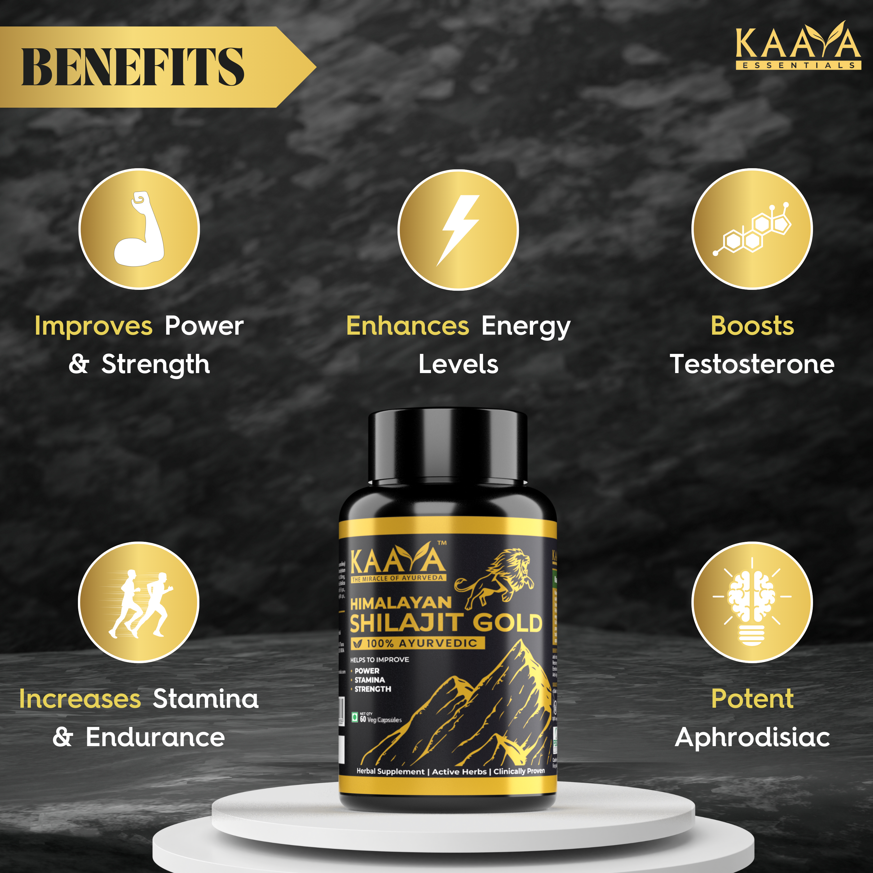 Himalayan Shilajit Gold with Swarna Bhasma & Potent Ayurvedic Herbs for Extra Strength & Stamina, Improves Endurance & Builds Muscle Mass (60 Capsules)