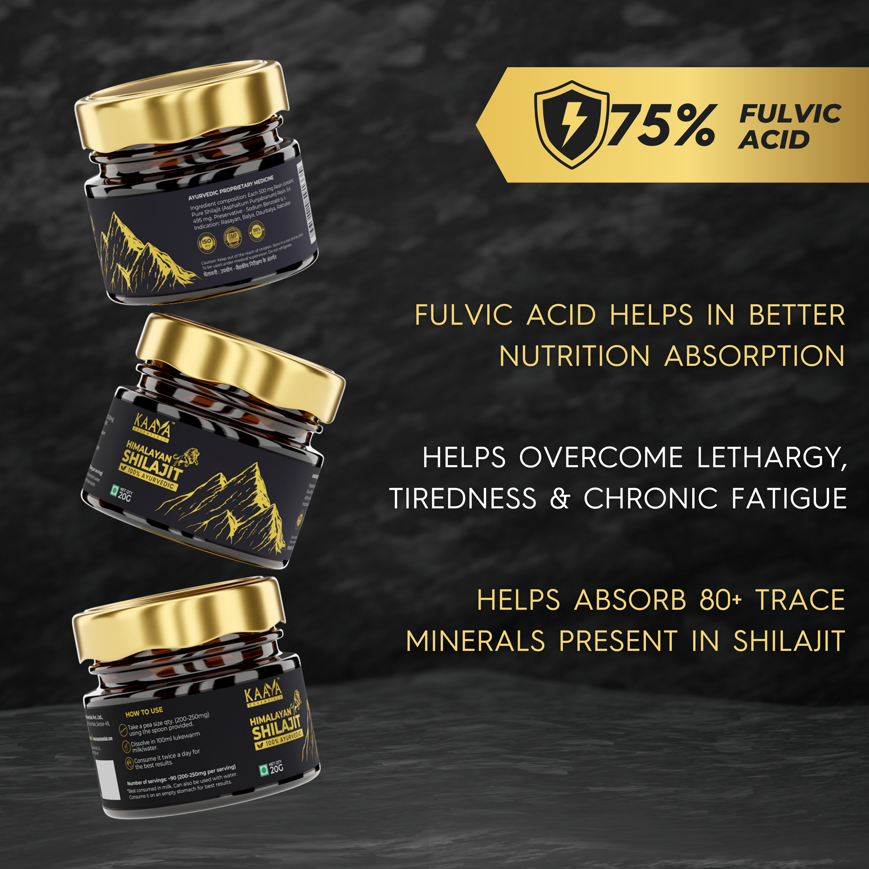100% Pure Himalayan Shilajit Resin - 20 Gms + Himalayan Shilajit Gold with Swarna Bhasma & Ashwagandha for Extra Strength, Stamina, Improves Endurance & Builds Muscle Mass (60 Capsules) (Combo)