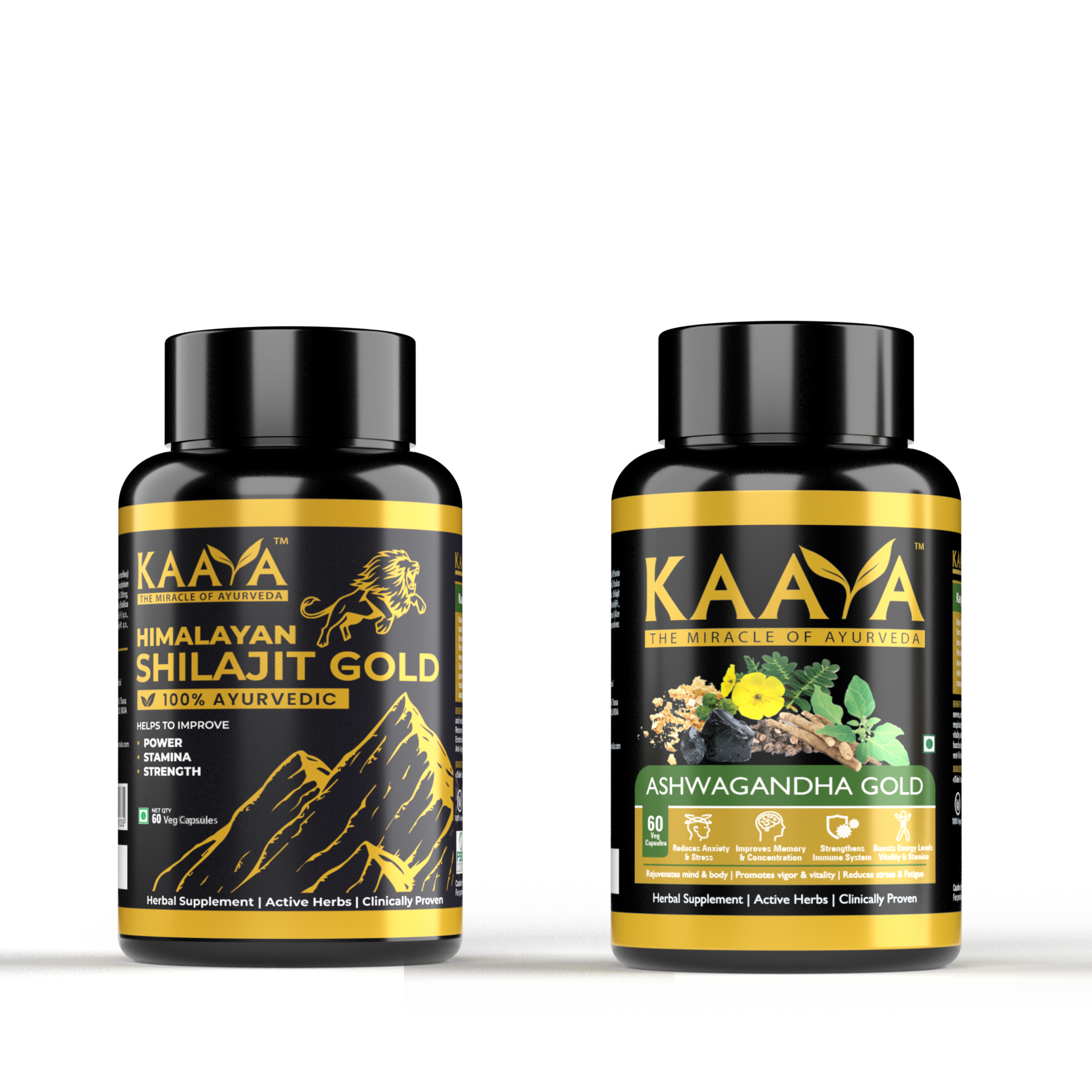 Himalayan Shilajit Gold + Ashwagandha Gold for Extra Strength, Stamina, Improves Endurance, Builds Muscle Mass Vitality, Anxiety and Stress Relief (Combo)